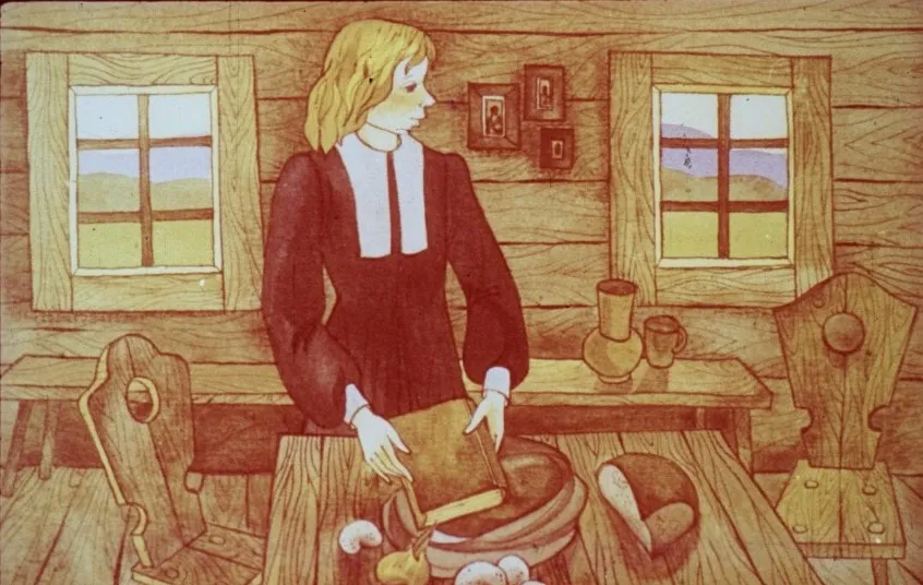 Ilustratie cu un personaj in interiorul unei case, care vorbeste despre plecarea unui alt personaj in cautarea Izvorului cu Apa Vietii.