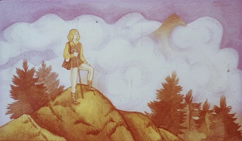 Ilustrație cu un tânăr pe un vârf de munte, contemplând un peisaj ce sugerează o aventură, înconjurat de nori vâscoși și munți la orizont.