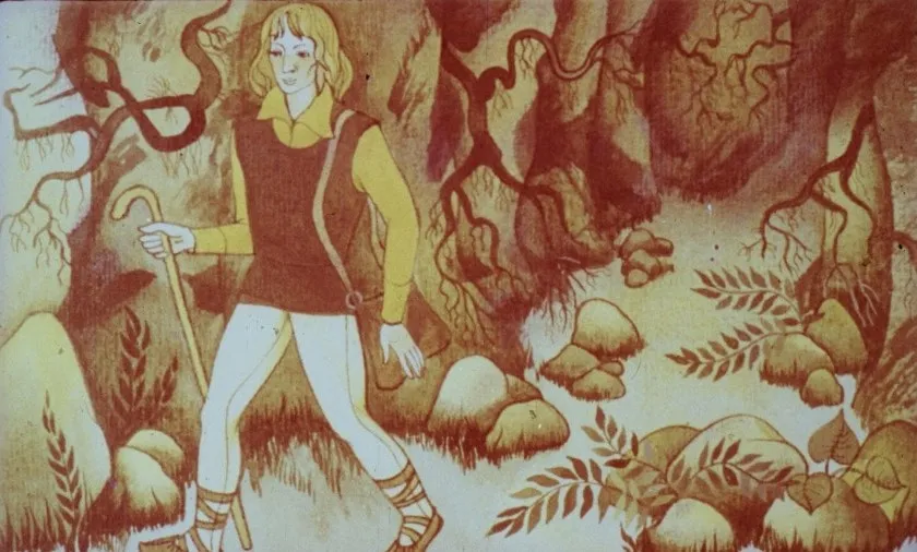 Ilustrație artistică a unui tânăr călător traversând un drum greu în pădure, înconjurat de stânci și rădăcini de copaci.