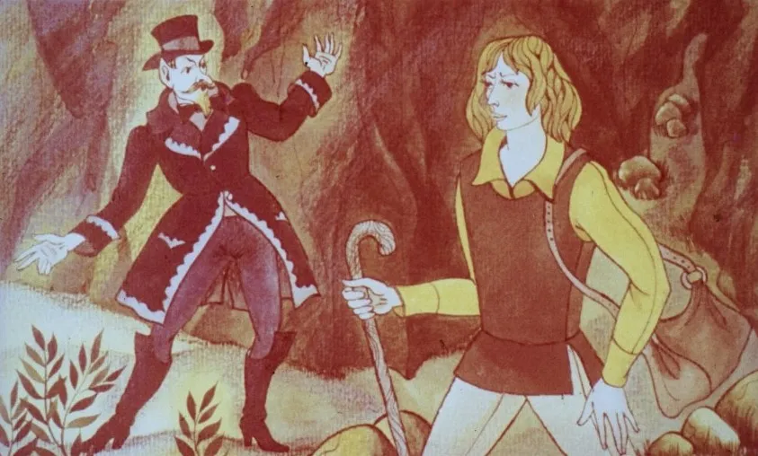 Ilustrație ce prezintă un cioban îmbrăcat în caftan negru și un tânăr cu bagaj, într-o pădure.