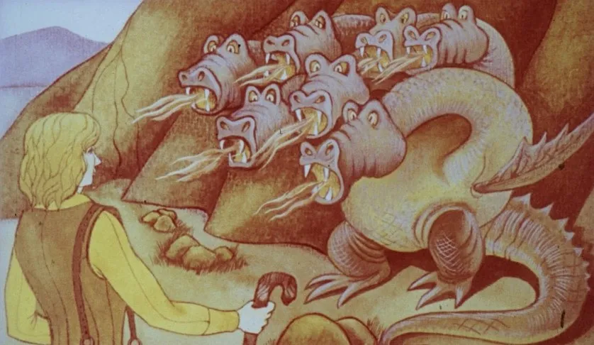 Ilustrație cu un bărbat care se confruntă cu un balaur cu șapte capete, fiecare cap scuipând foc, în timp ce bărbatul își continuă drumul.