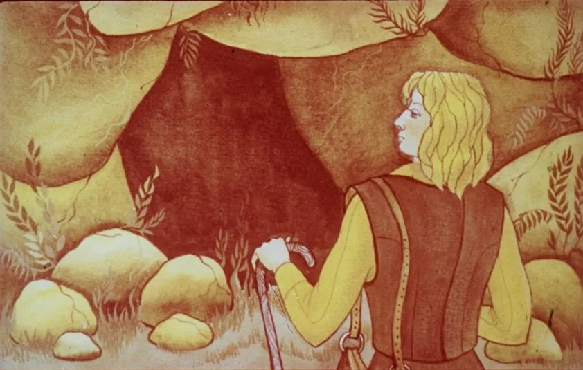 Ilustrație cu un tânăr care se apropie de o grotă în interiorul unui munte, descrisă cu text explicativ.