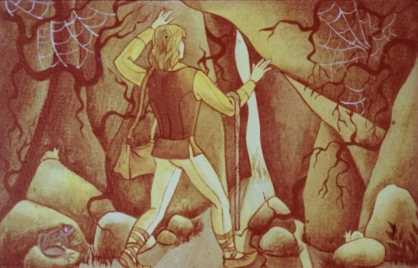 Ilustrație a unui tânăr care traversează un peisaj montan plin de pericole și obstacole.