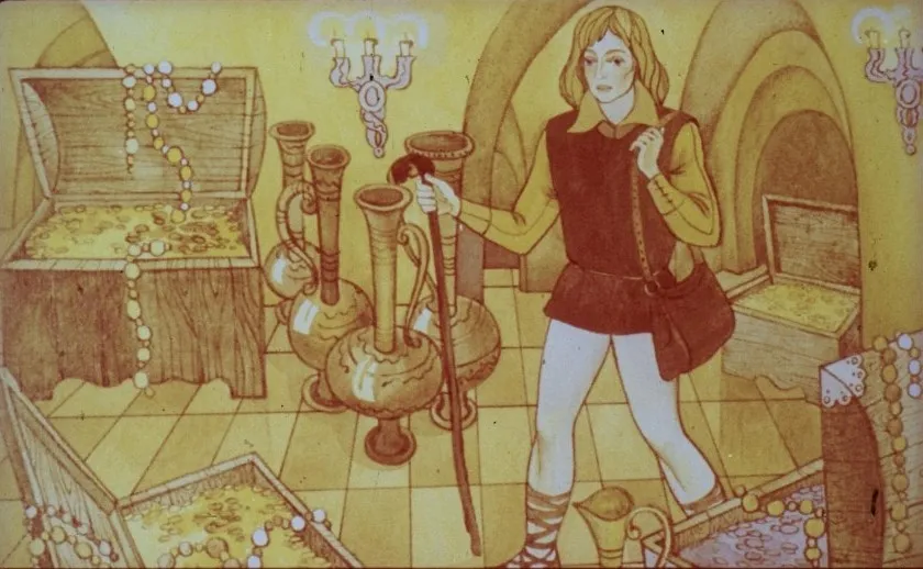 Ilustrație cu un tânăr într-o încăpere plină de comori, reflectând asupra alegerilor sale, iar atmosfera este una de aventură și descoperire.