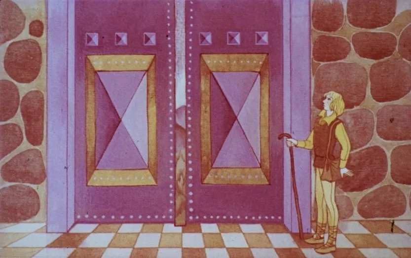 Ilustrație a unui tânăr care se apropie de o ușă uriașă de fier, care se deschide singură.