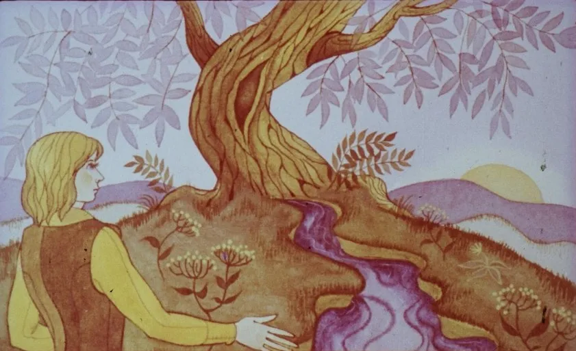 Ilustrație care prezintă un tânăr și un copac, cu un peisaj montan în fundal, însoțită de un text narativ despre aventurile sale.