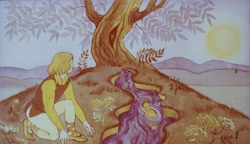 Ilustrație a unui tânăr aplecat peste un izvor, observând un ulcior care plutește în apă. În fundal, un copac și un peisaj natural.