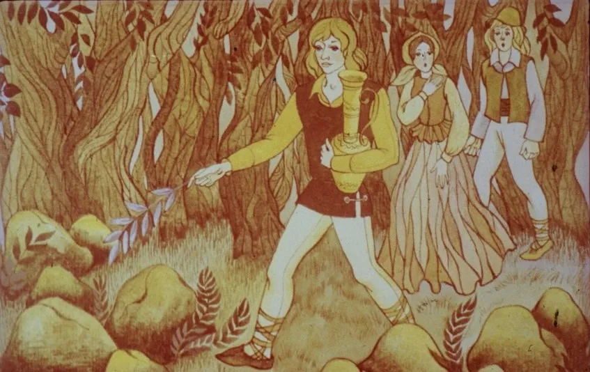 Imaginea ilustreaza un tanar care intalneste diversi oameni in padure, care ii ofera ajutor in schimbul Apa Vietii.