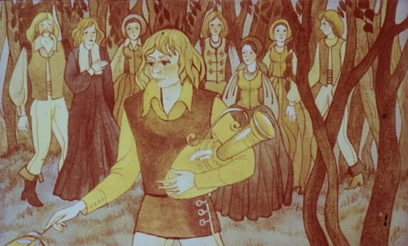 Ilustrație reprezentând un tânăr care se îndreaptă spre satul său, înconjurat de oameni care așteaptă, cu un peisaj forestier în fundal.