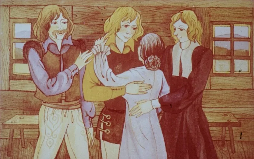 Ilustrație reprezentând patru personaje într-o cabană, cu text explicativ despre Apa Vieții.