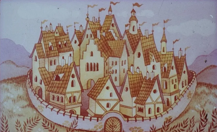 Ilustratie a unui sat medieval cu case colorate, inconjurat de natura, insotita de un text care povesteste despre un tanar vrenic si inflorirea satului.