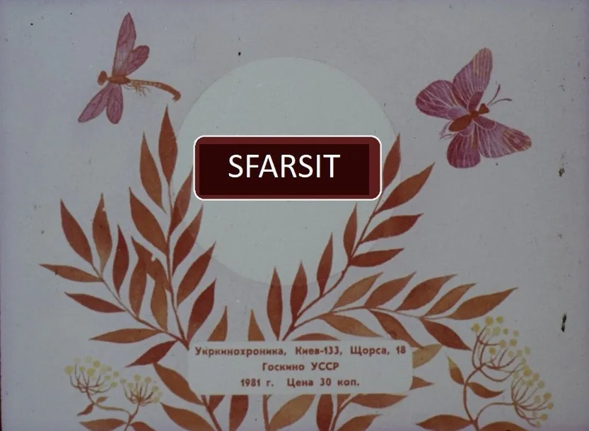 Imagine decorativă cu plante și fluturi, având textul 'SFARSIT' în centru, seguida de detalii despre o publicație.