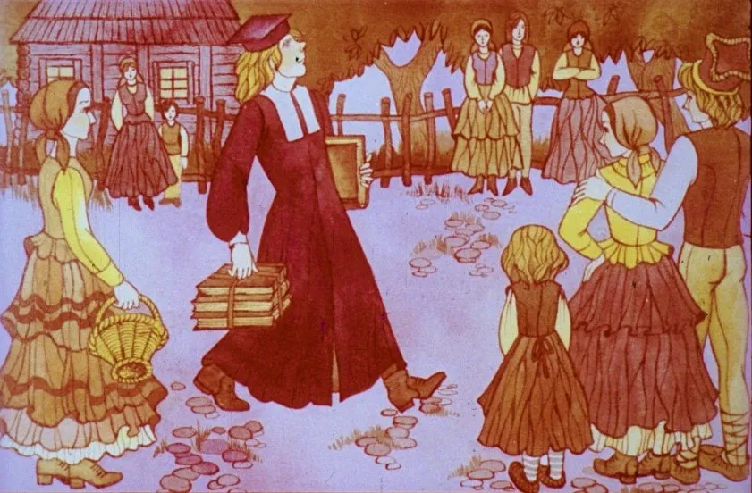 Ilustrație care prezintă persoane îmbrăcate în costume tradiționale, interacționând într-un peisaj rural.