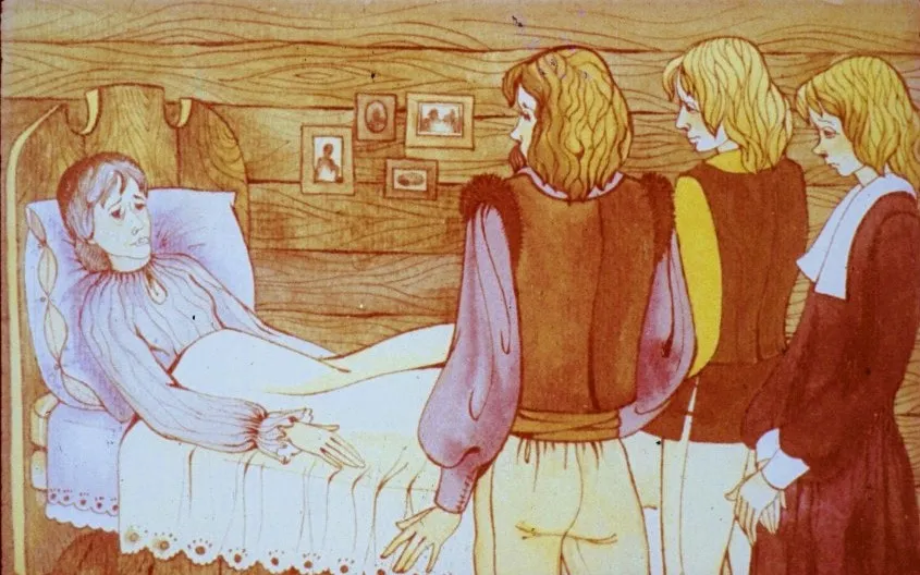 Ilustrare a unei mame bolnave, inconjurata de cei trei feciori ingrijorati.