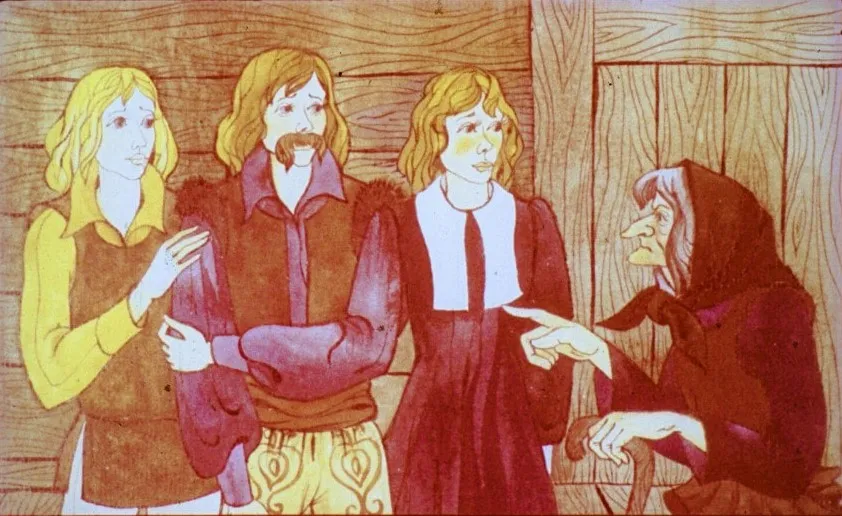 Ilustratie cu patru personaje, trei barbati si o femeie batrana, intr-o scena in care femeia le vorbeste despre un leac.