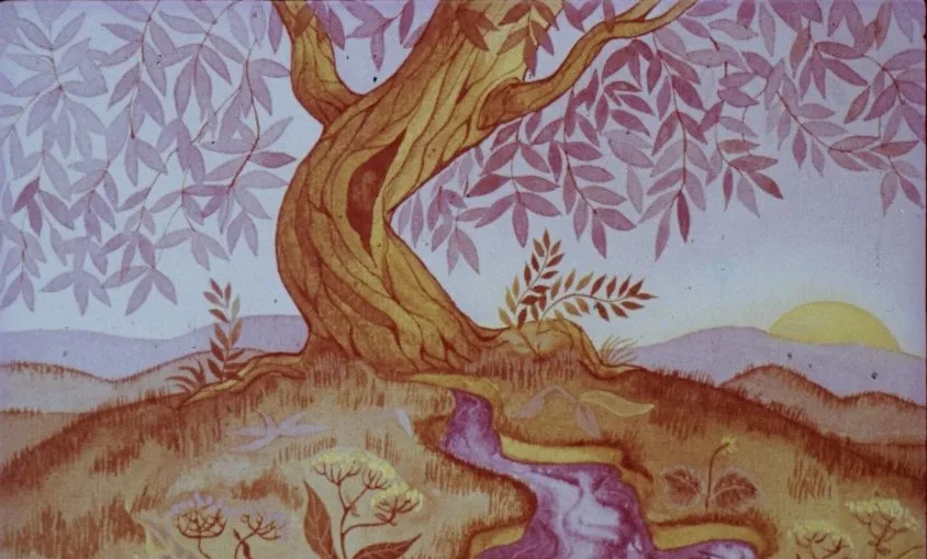 Imaginea ilustreaza un copac pe un munte, cu un izvor care curge langa radacina sa, insotita de un text despre Apa Vietii care vindeca bolnavii.