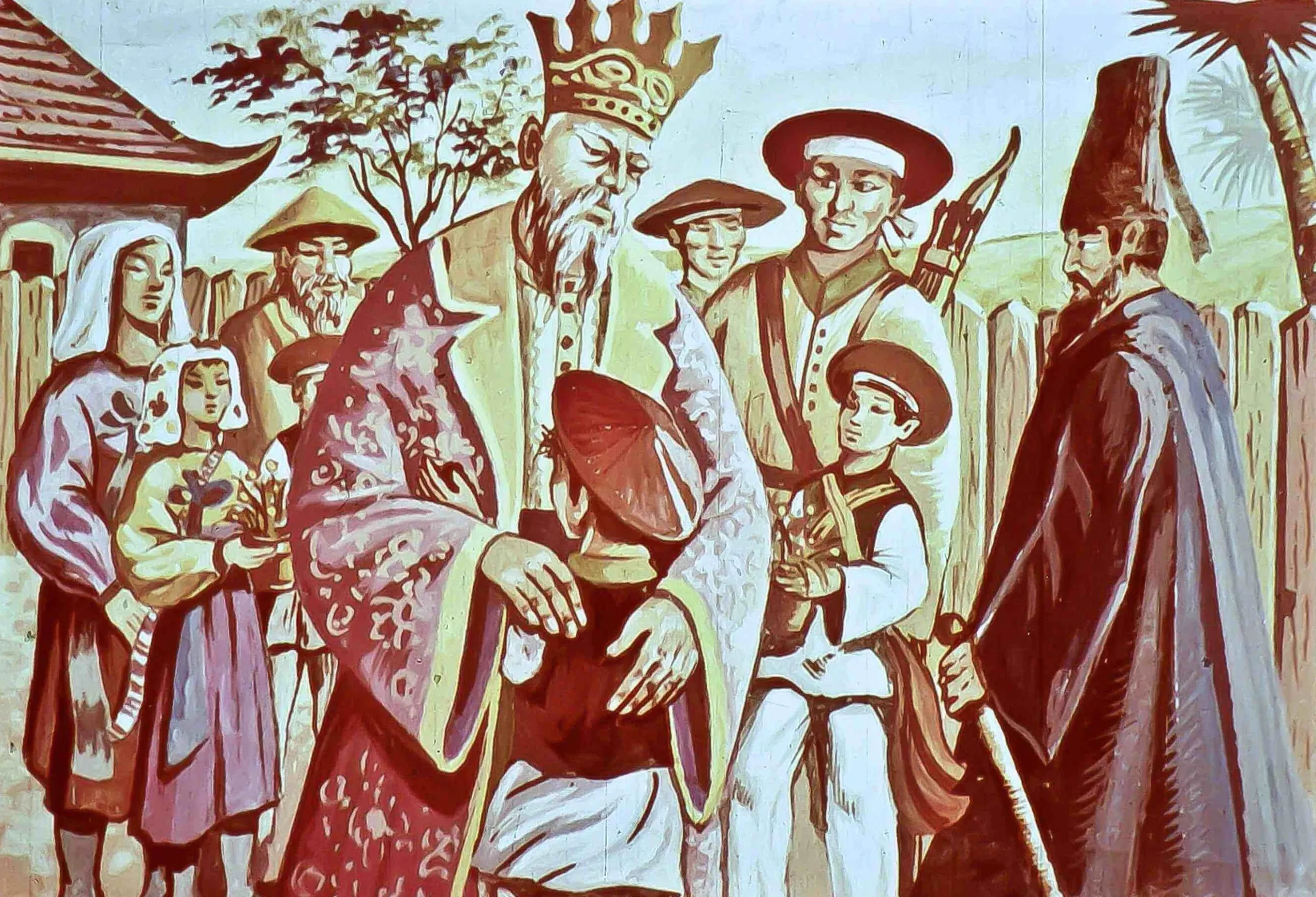 O ilustrație care prezintă un grup de personaje istorice, inclusiv un rege, în haine tradiționale, interacționând într-un cadru exterior.