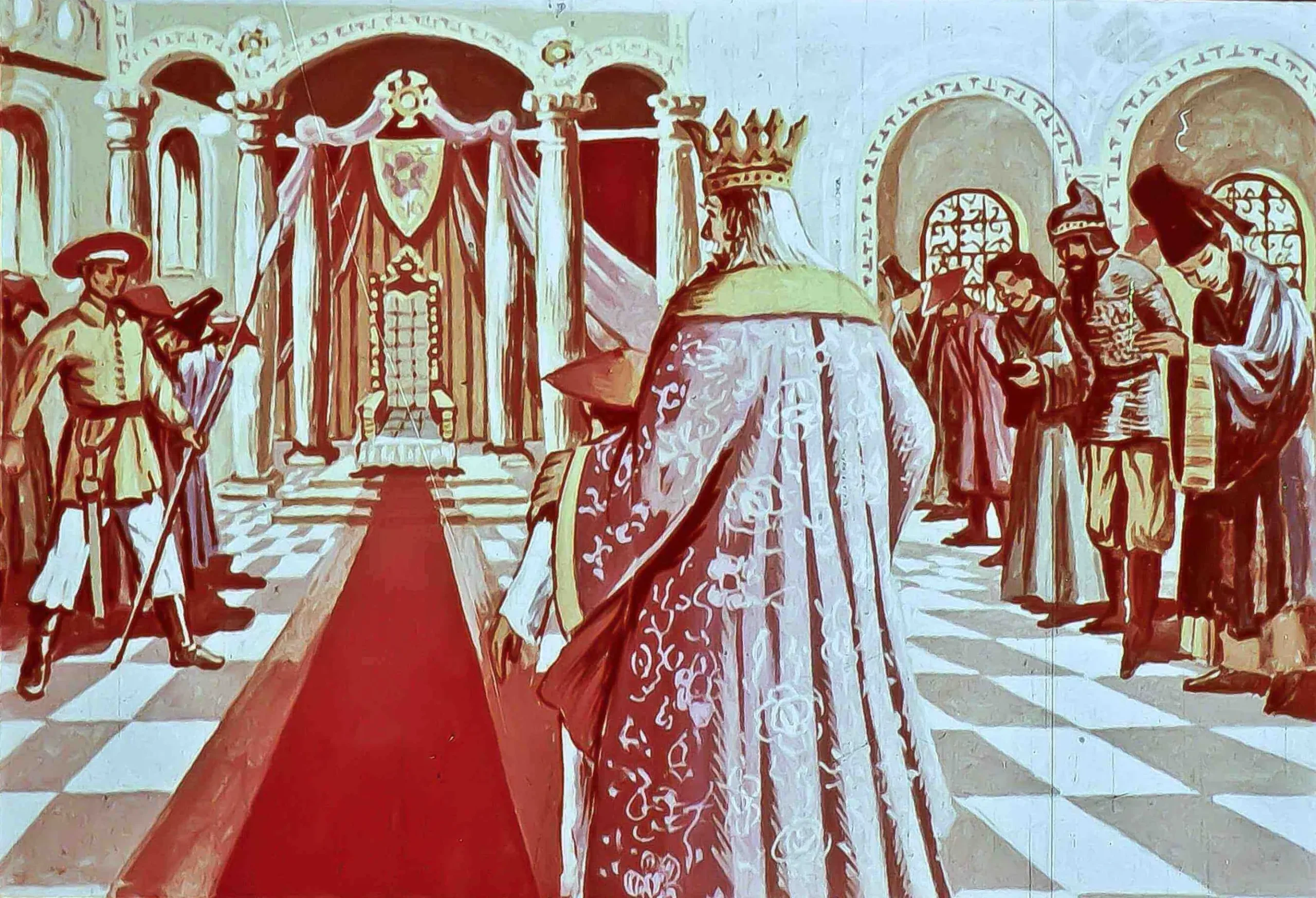O scenă reprezentând o ceremonie în interiorul unei încăperi regal, cu un tron și mai multe personaje îmbrăcate în costume istorice.