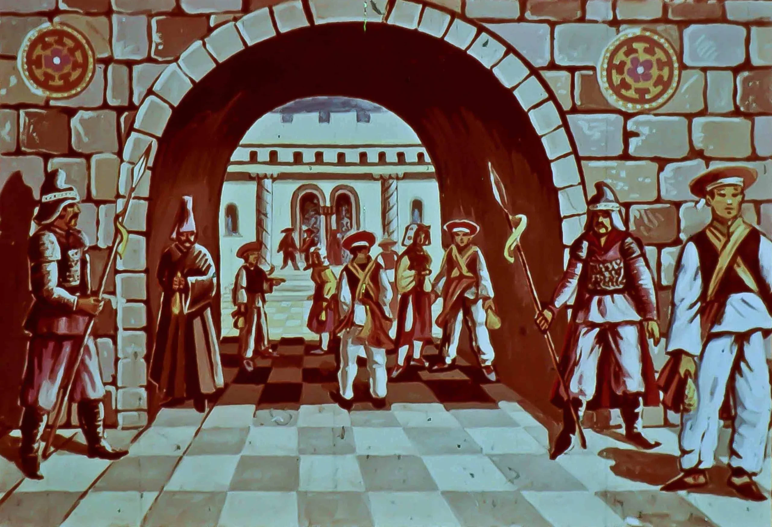 O ilustrație care prezintă o scenă istorică cu personaje îmbrăcate în costume tradiționale, traversând un arc de piatră, în fața unor clădiri cu arhitectură specifică.