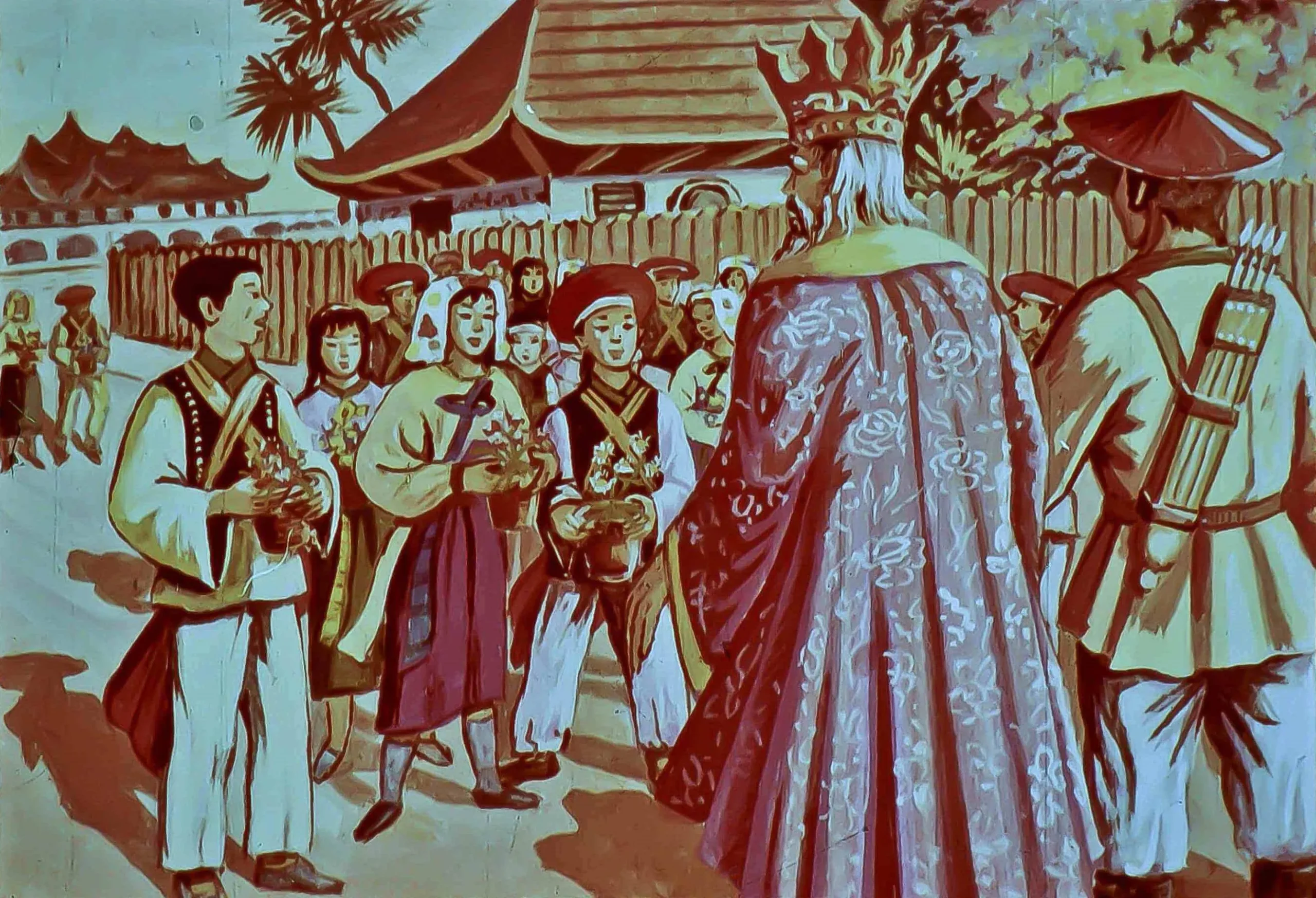 O ilustrație colorată ce arată o scenă de festivitate cu un rege îmbrăcat în mantie regală, întâmpinând un grup de oameni îmbrăcați tradițional. Pe fundal, se pot observa clădiri și vegetație.