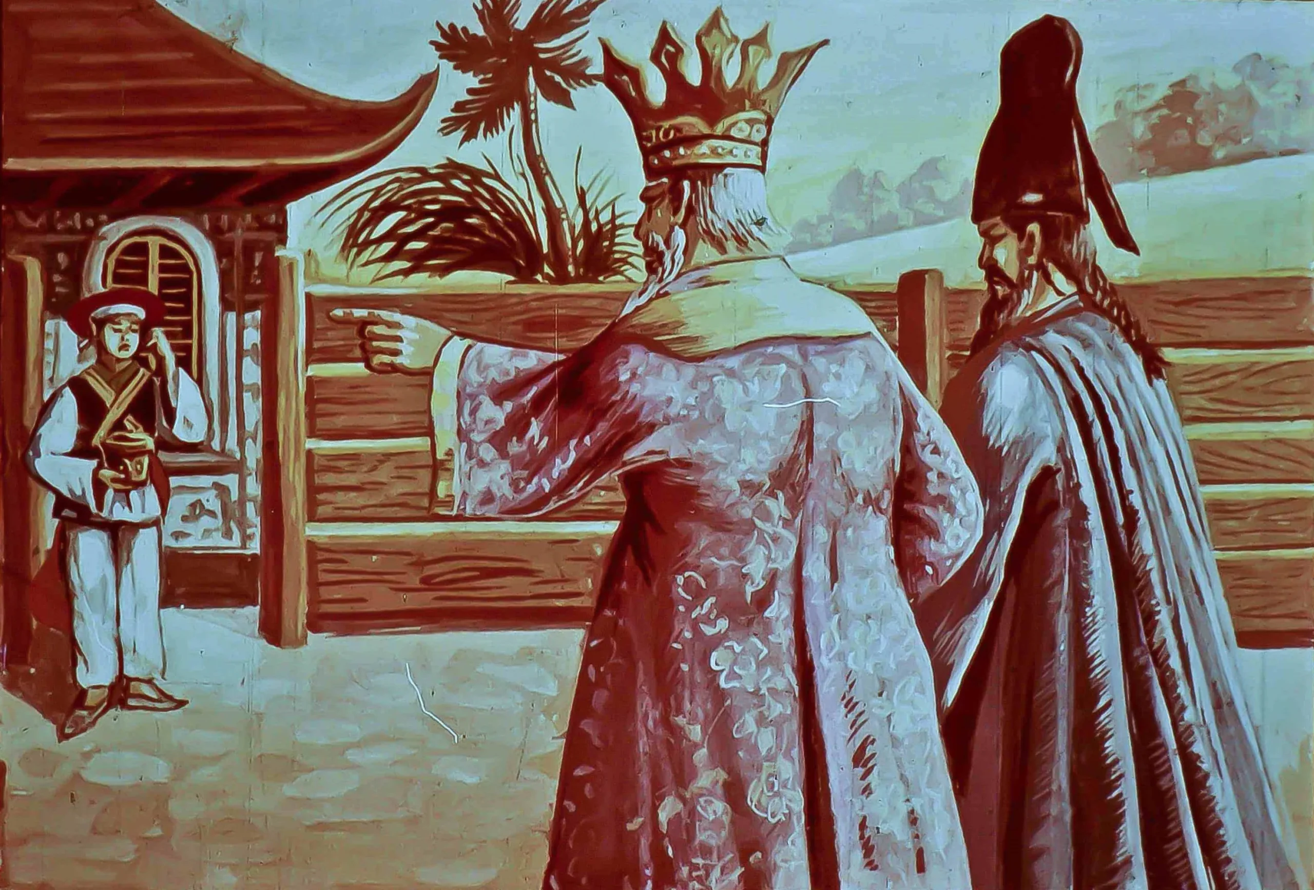 O scenă picturală care prezintă doi bărbați îmbrăcați în haine tradiționale, unul dintre ei având o coroană de rege, care indică spre o persoană într-un peisaj asiatic.