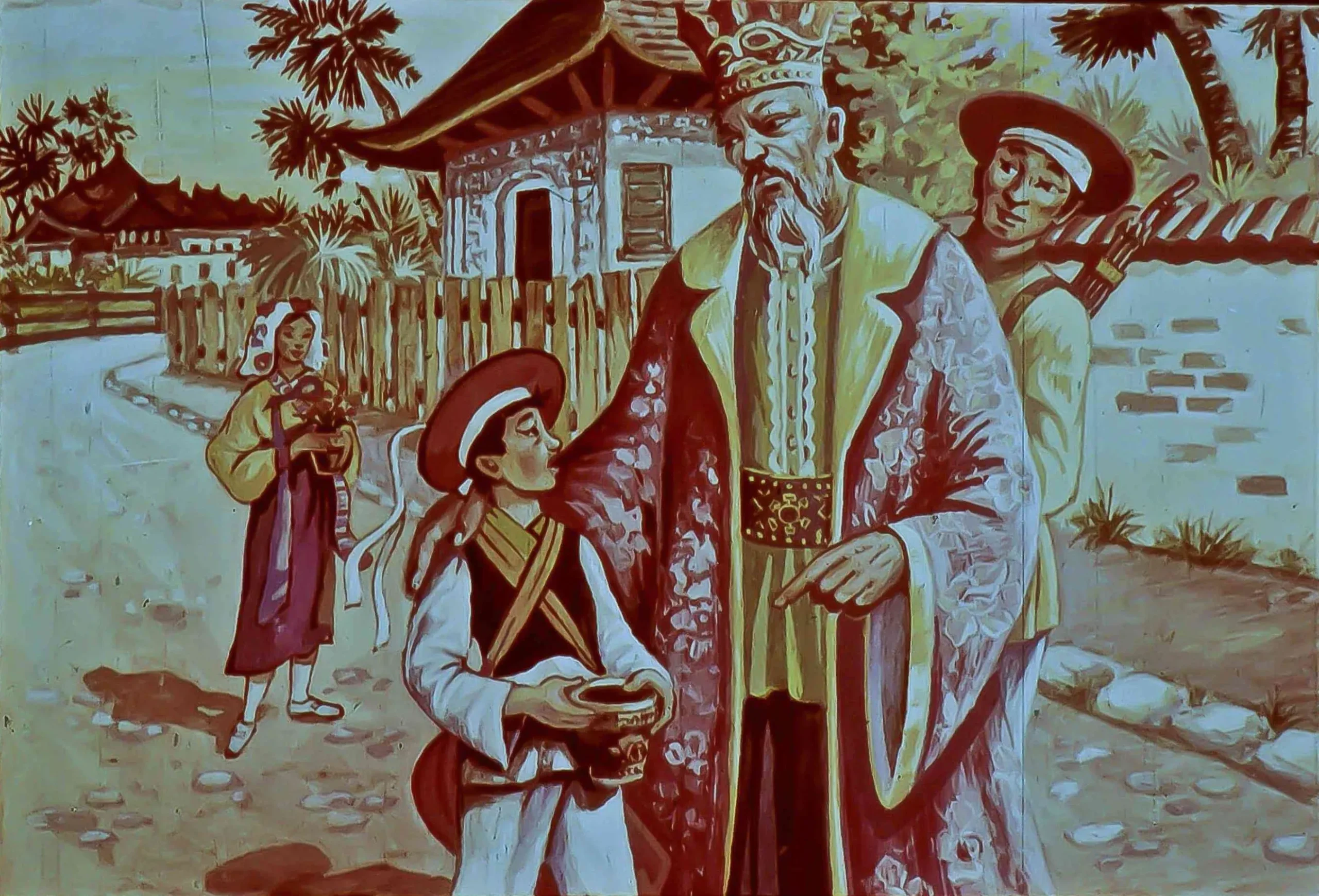 O scenă ilustrativă cu patru personaje: un bărbat în vârstă și îmbrăcat în haine tradiționale, un băiat tânăr cu o geantă, o fetiță care ține un coș și un bărbat tânăr în fundal, într-un peisaj rural.