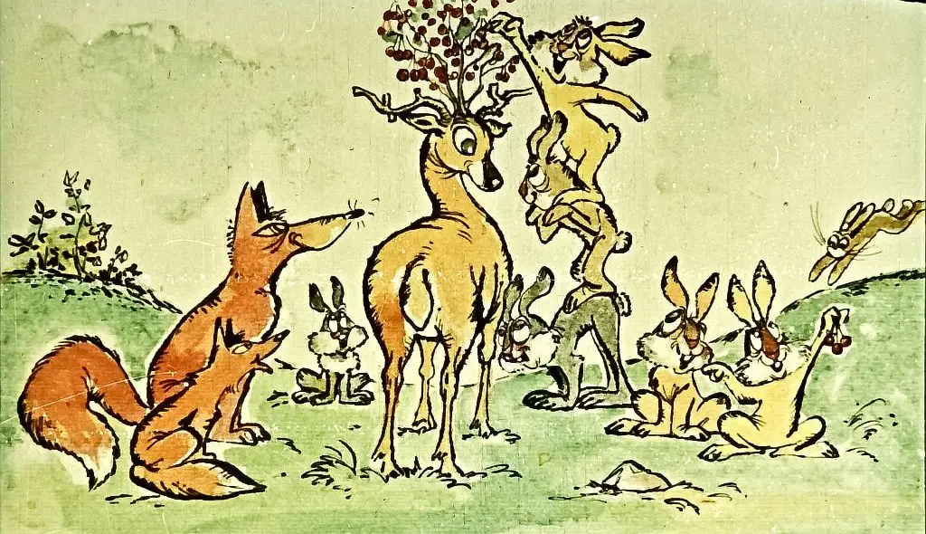 Ilustrație cu un cerb purtând un cireș bogat între coarne, împreună cu vulpi și iepuri în natură.
