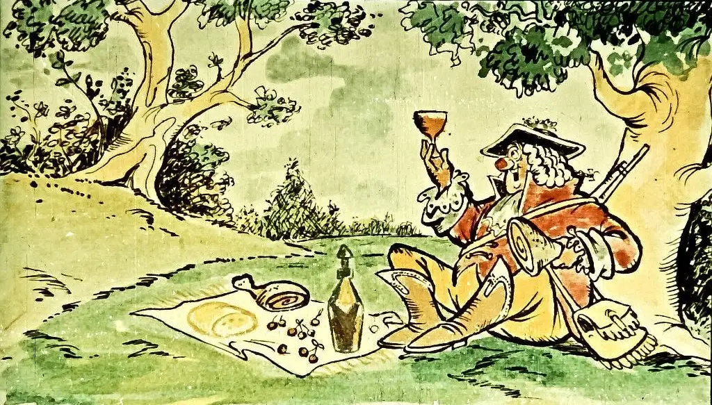 Ilustrație cu un om relaxându-se în natură, bucurându-se de un picnic și un pahar de băutură.
