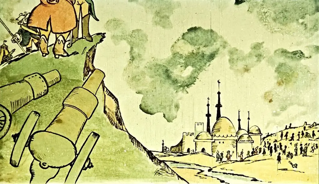 Imagine ilustrativă cu un peisaj și texte despre o călătorie periculoasă în Turcia, menționând asediul unei cetăți musulmane.