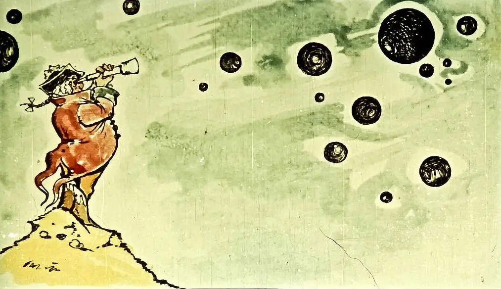 Ilustrație cu un om pe un vârf de munte, privind printr-un telescop către un cer plin de stele și planete, cu un text sugestiv despre puterea imaginației.