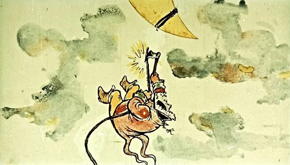 Ilustrație cu un caracter desenat care ține o funie legată de o luna, coborând cu ea, pe un fundal de nori.