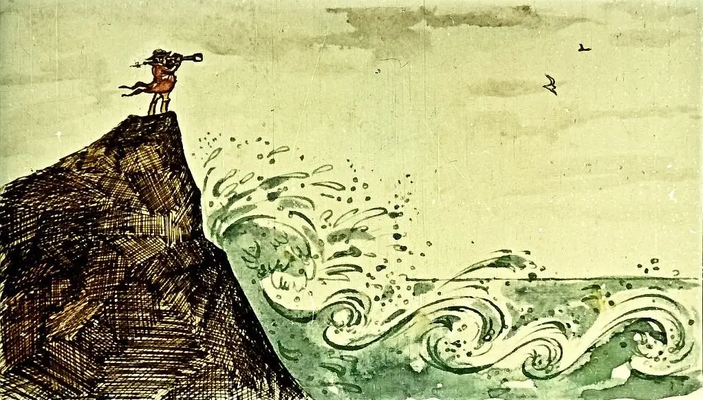 Ilustrație a unui personaj pe o stâncă, suflând într-un instrument, în fața unor valuri mari.