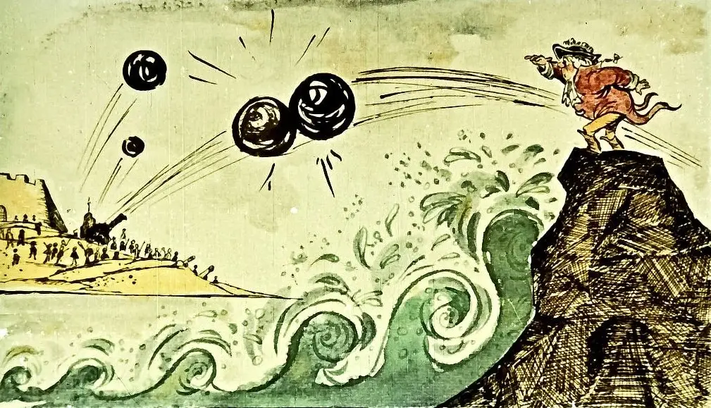 Imagine ilustrativă a unei scene istorice cu un peisaj maritim și un personaj care observă dușmanii.