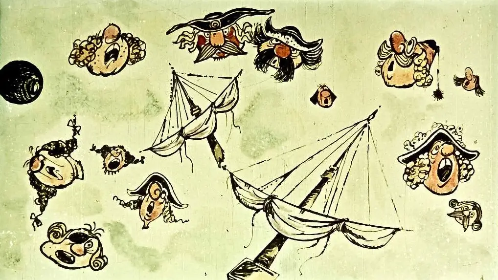 Ilustrație colorată cu personaje și bărci, prezentând un peisaj maritim și personaje pirat.