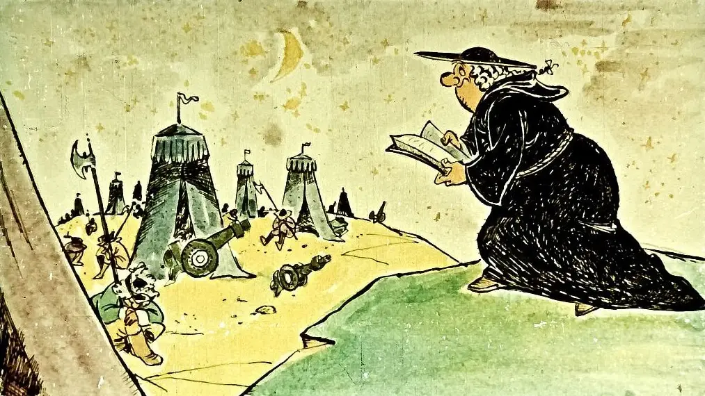 Imagine ilustrativă cu un peisaj de tabără, o figură care citește o carte, alături de soldați și structuri de corturi.