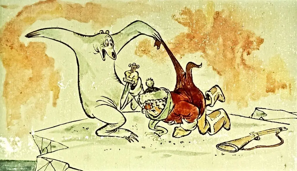 O scenă dintr-o poveste, cu un urs și un om, în care omul încearcă să se apere.