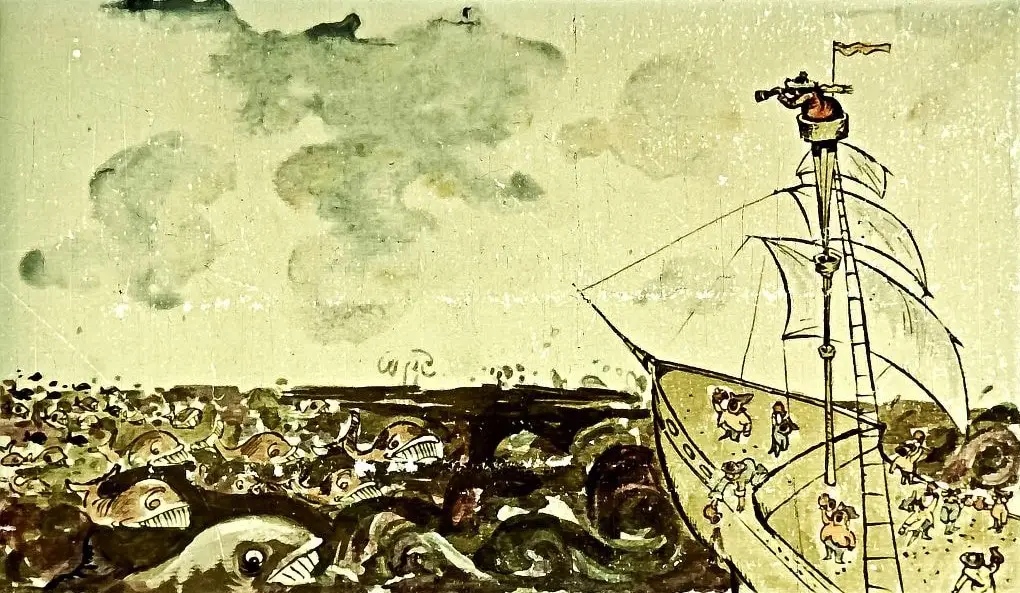 Ilustrare cu o corabie pe o mare agitată, înconjurată de pești, cu text explicativ despre o experiență în ținuturi polare.