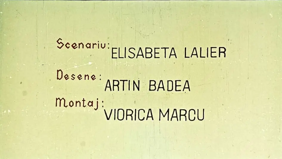 Text pe fundal deschis care enumeră echipa de creație: scenariu, desene și montaj.