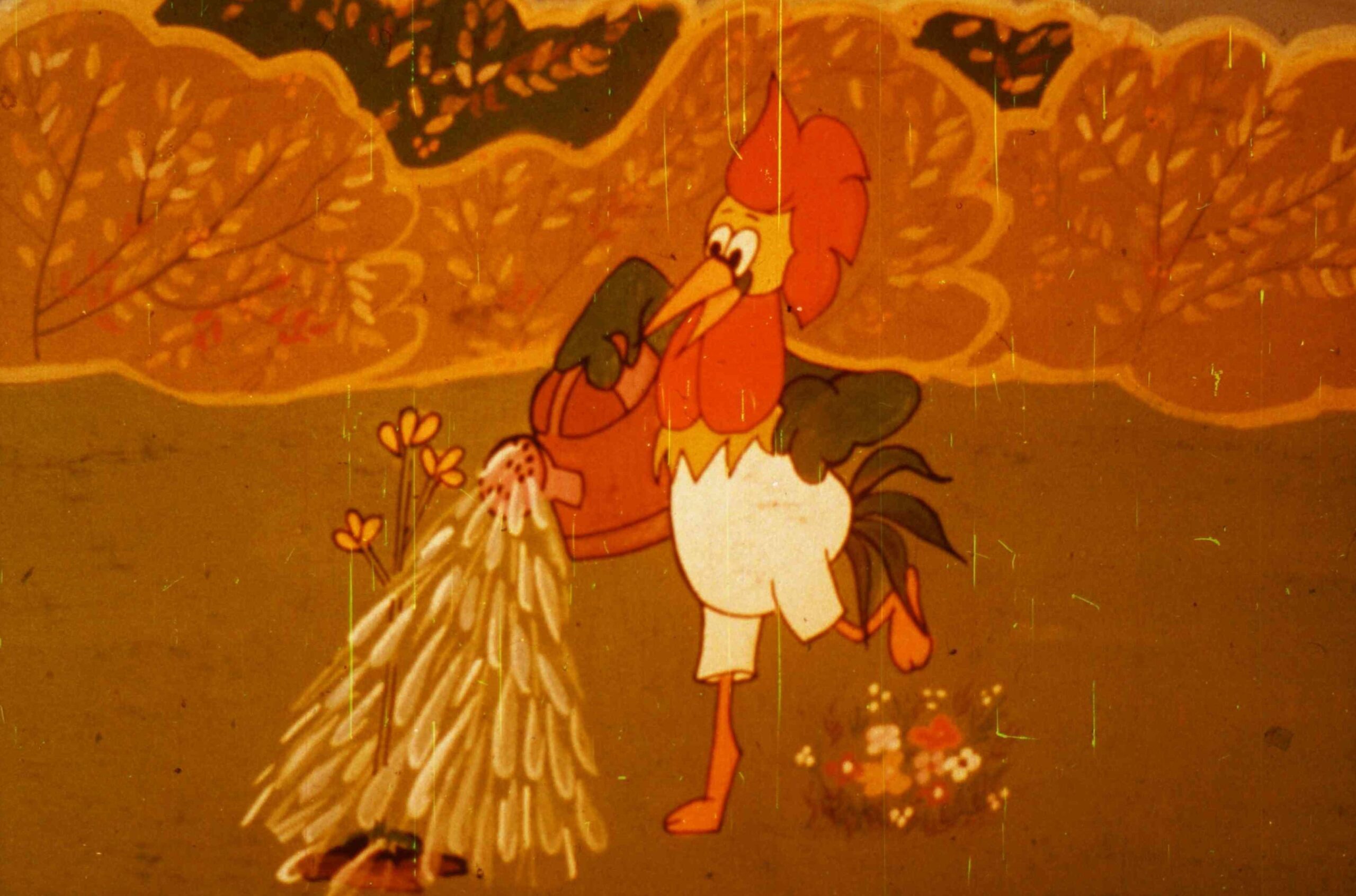 O ilustrație animată cu un cocos care udă o floare cu un udat de apă.