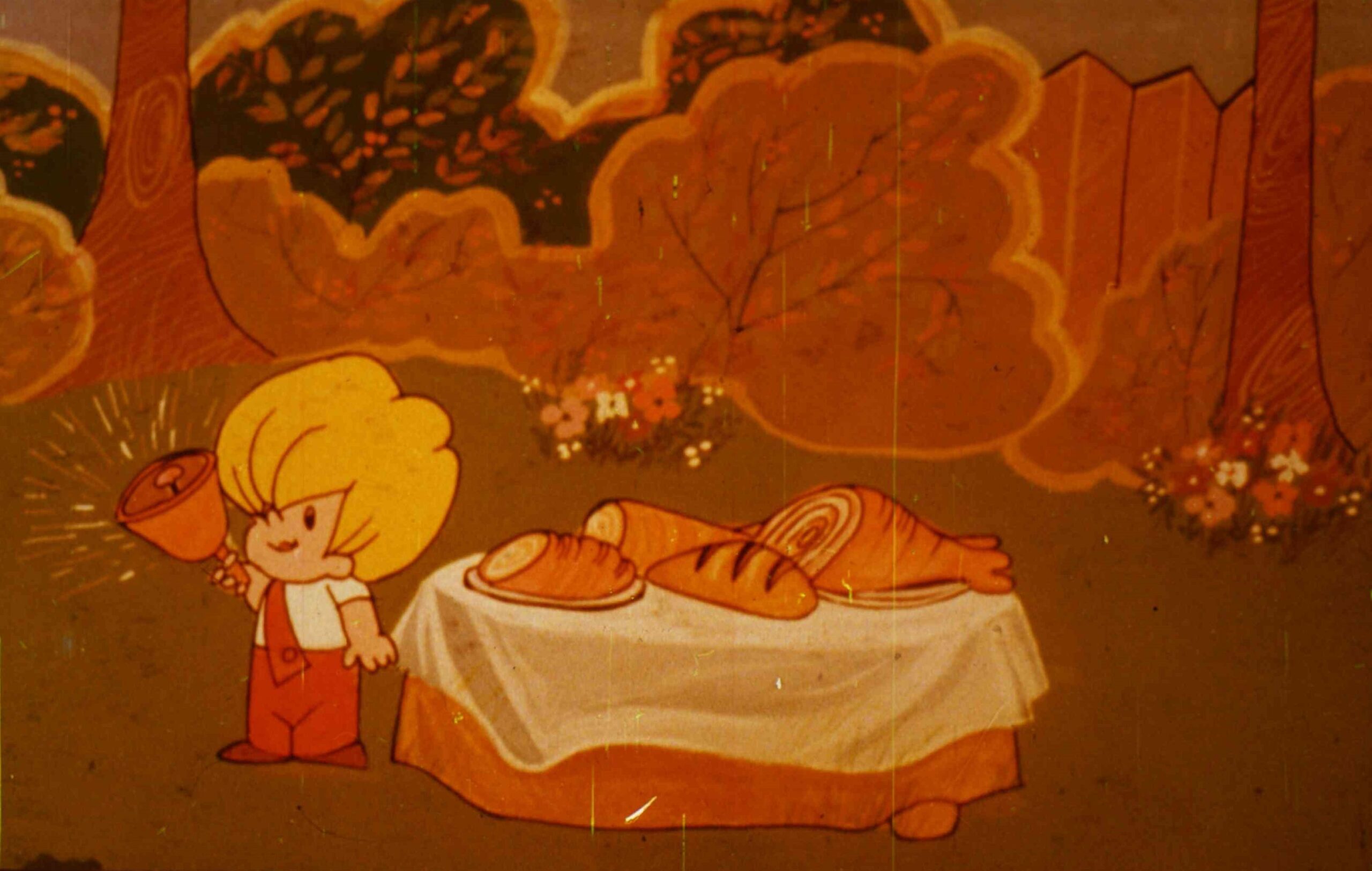 Un personaj animat cu păr blond invită prietenii la masă într-un peisaj de vară.