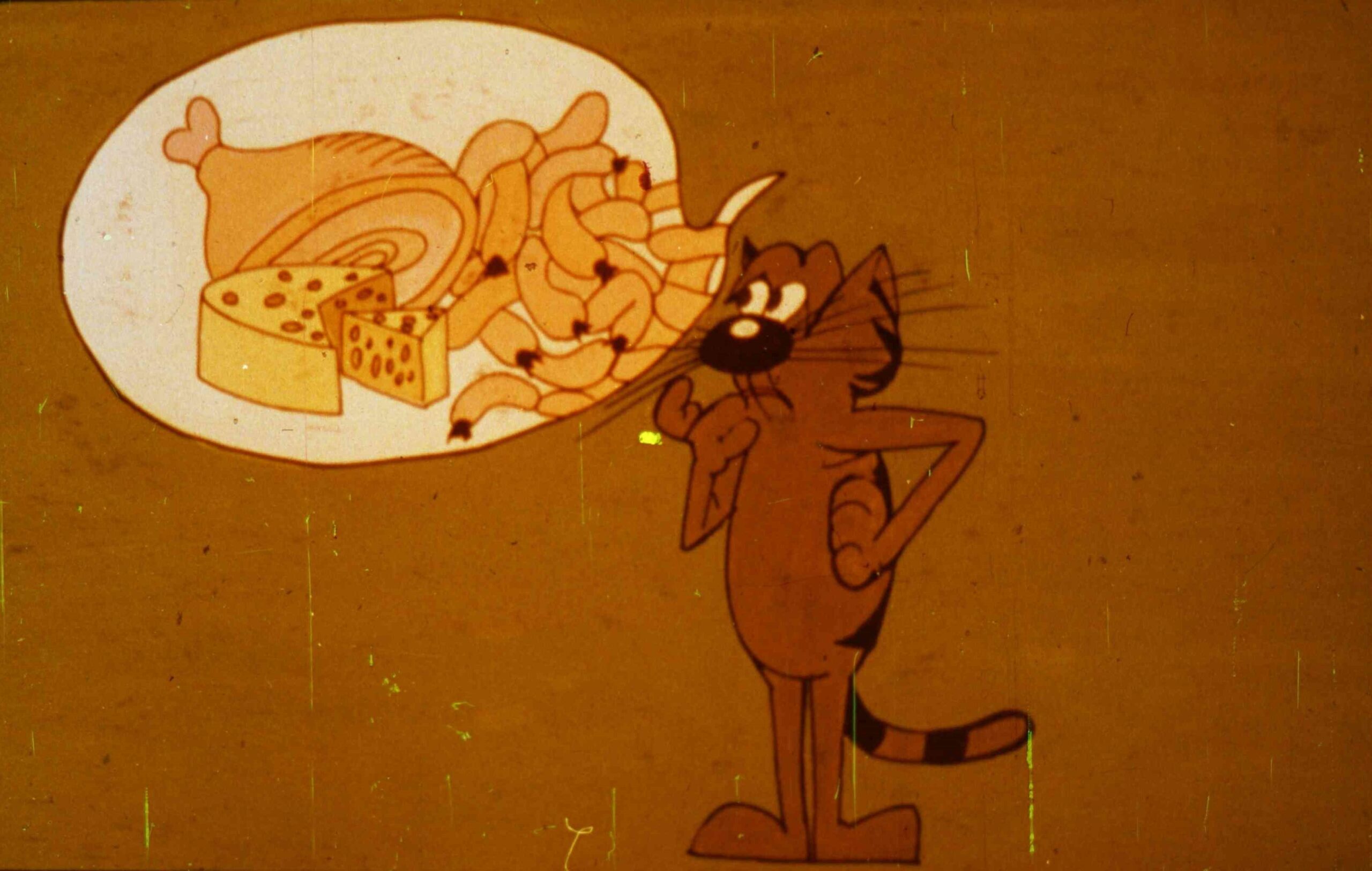 O ilustrație cu un motan care gândește la mâncare, cu un bulă de dialog care conține textul despre ce mâncare trebuie să aibă.