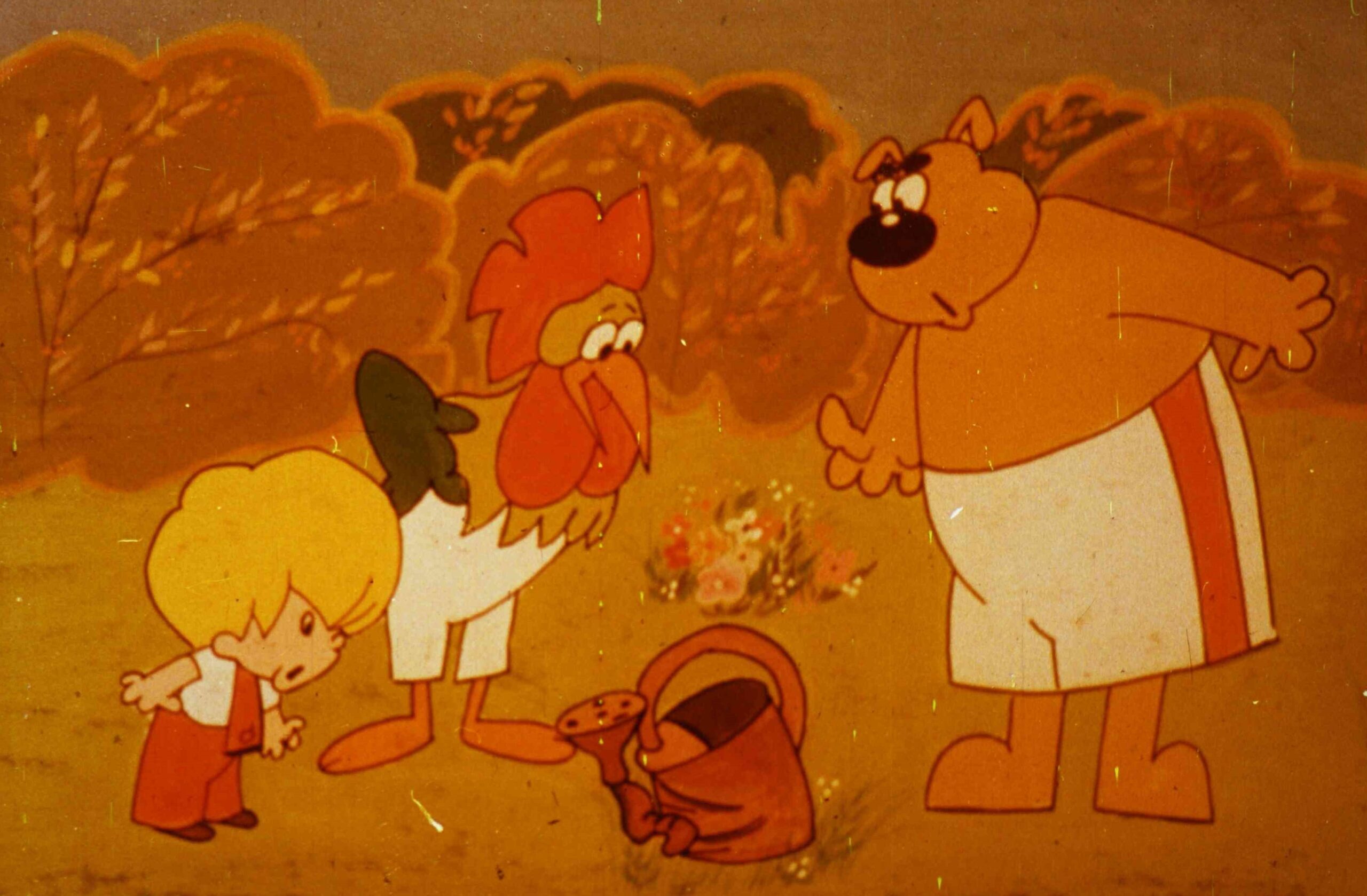 Imagine animată cu personaje care observă o stropitoare deteriorată.