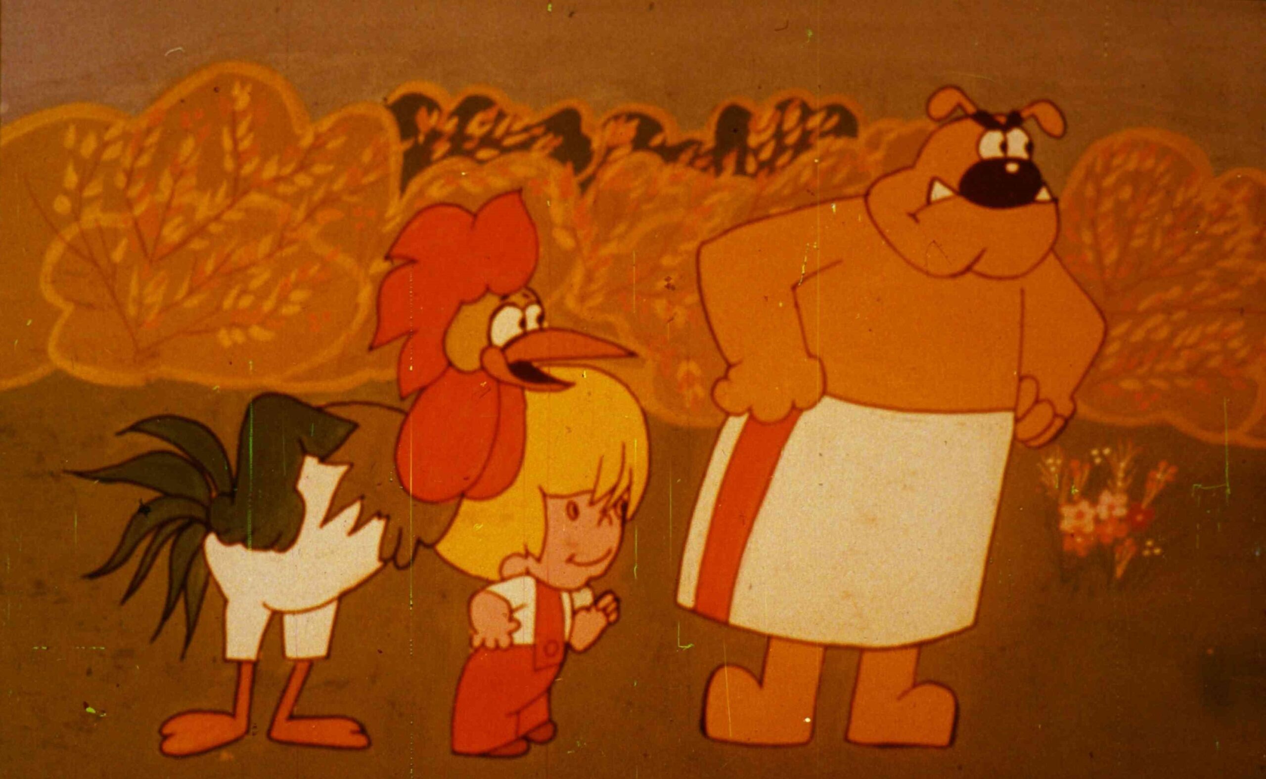 Imagine animată cu un băiețel și animale, cu text subtitrat la baza imaginii.