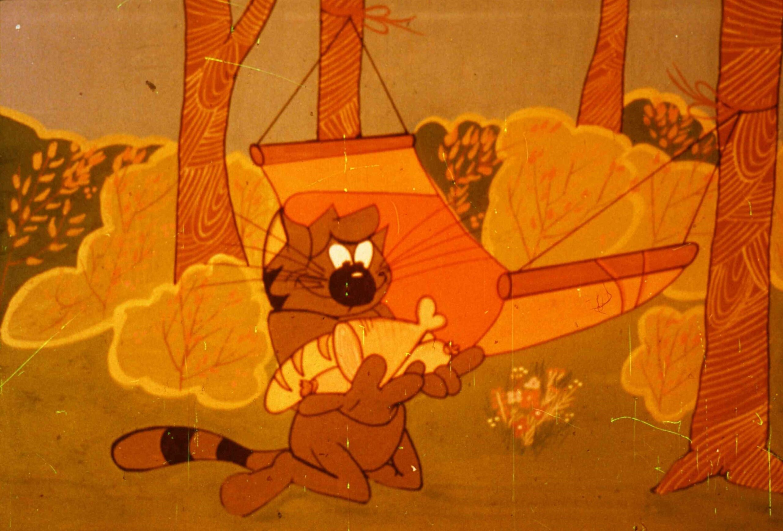 O scenă animată cu un personaj care interacționează într-un fundal de pădure.