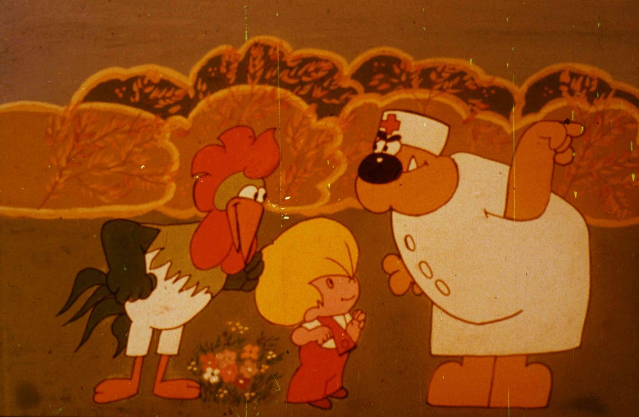 O scenă animată cu personaje colorate, inclusiv un câine, o pasăre și un băiețel, care interacționează într-un peisaj de toamnă.