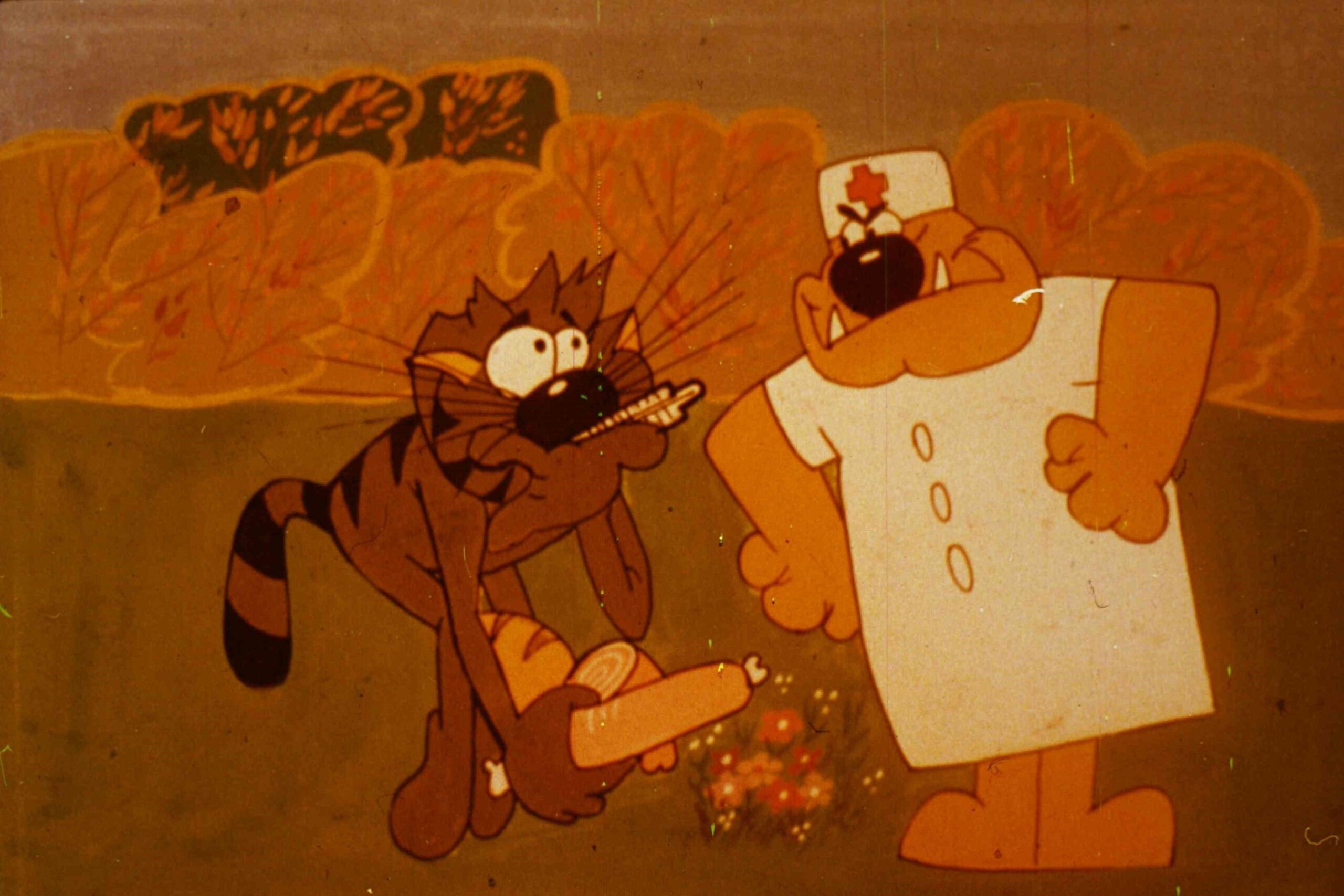 Doi personaje animate, unul îmbrăcat ca doctor, discută cu un altul, cu un ton umoristic.