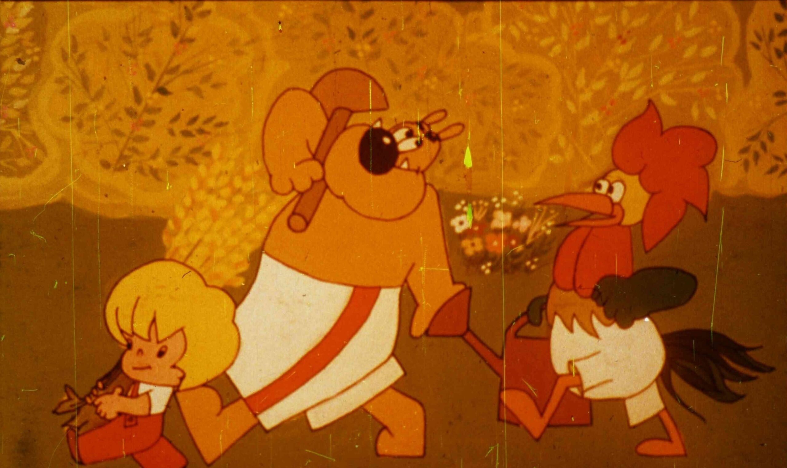 Image featuring animated characters walking together, one holding a watering can.