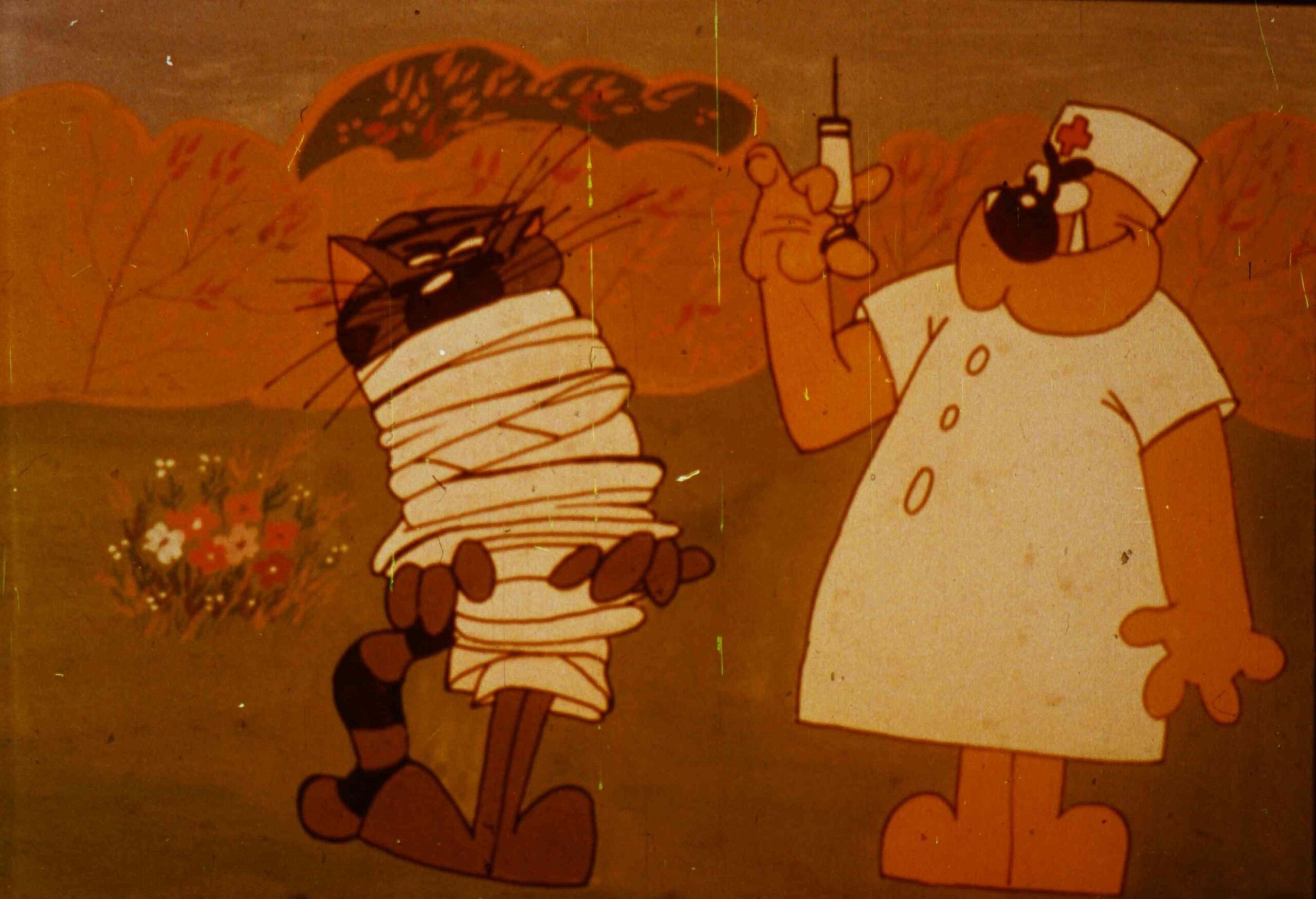 Un desen animat cu un motan bandajat și un medic care ține o seringa, într-un peisaj colorat.