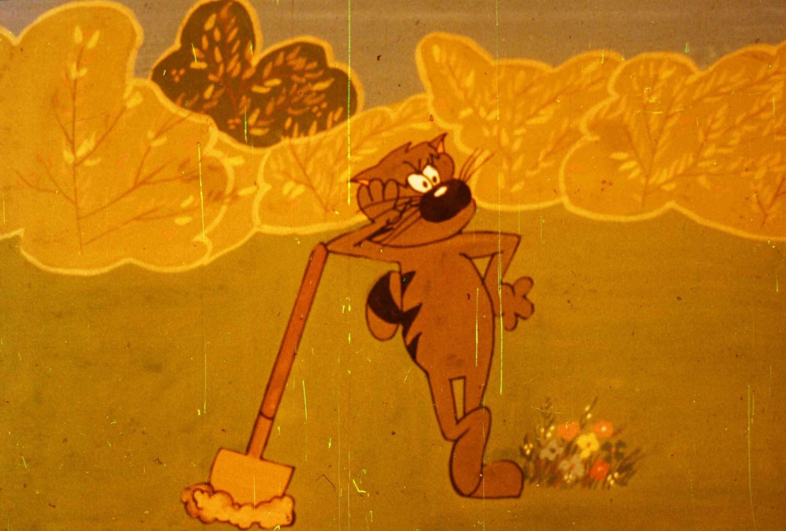 O ilustrație animată cu un motan care stă cu o mătură, având un fundal de toamnă, împreună cu un dialog în romană despre odihnă.