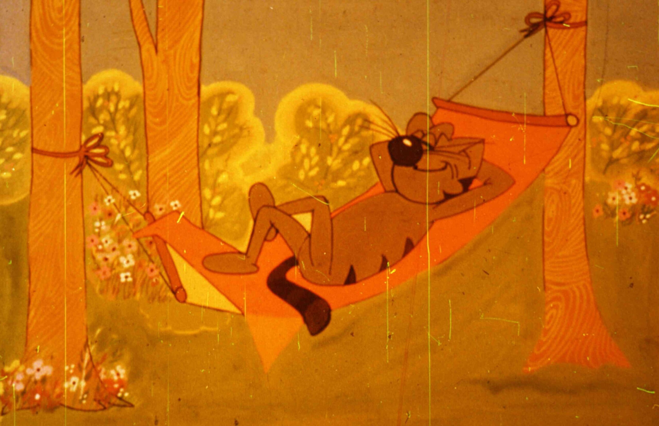 O ilustrație animată a unui personaj care se relaxează într-un hamac, înconjurat de copaci și flori.